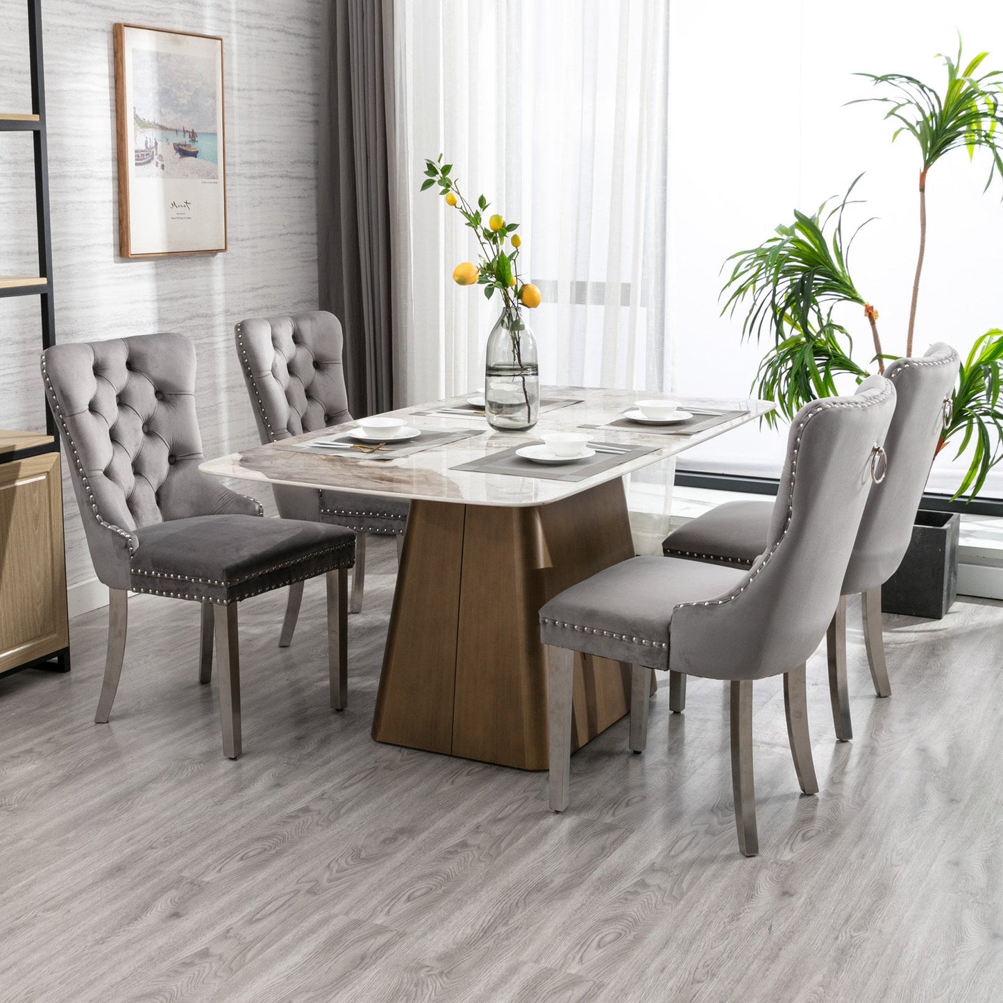 High end tufted solid wood velvet soft cushion dining chair chrome plated leg nail decoration gray and chrome two-piece set - Korvel