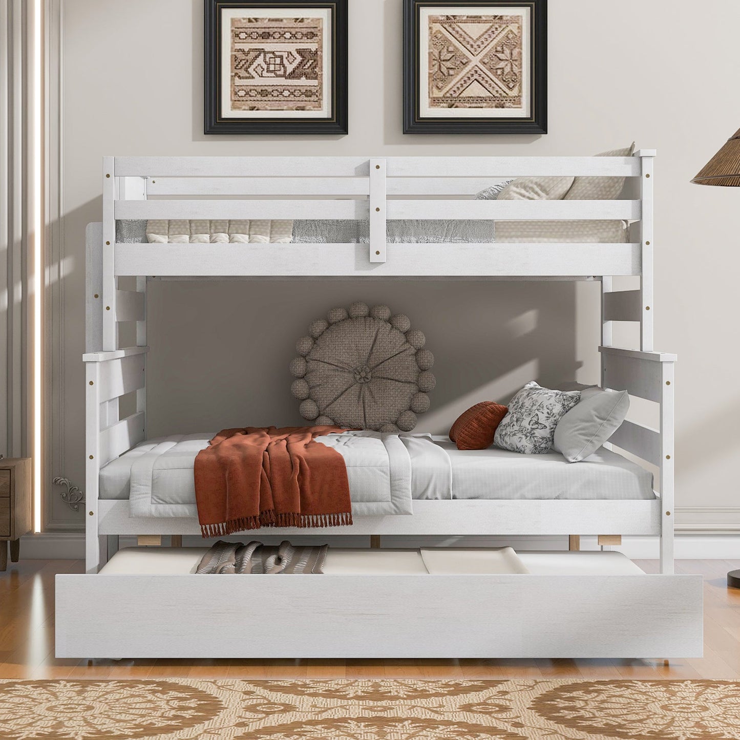 Wood Twin over Full Bunk Bed with Twin Size Trundle  White - Korvel
