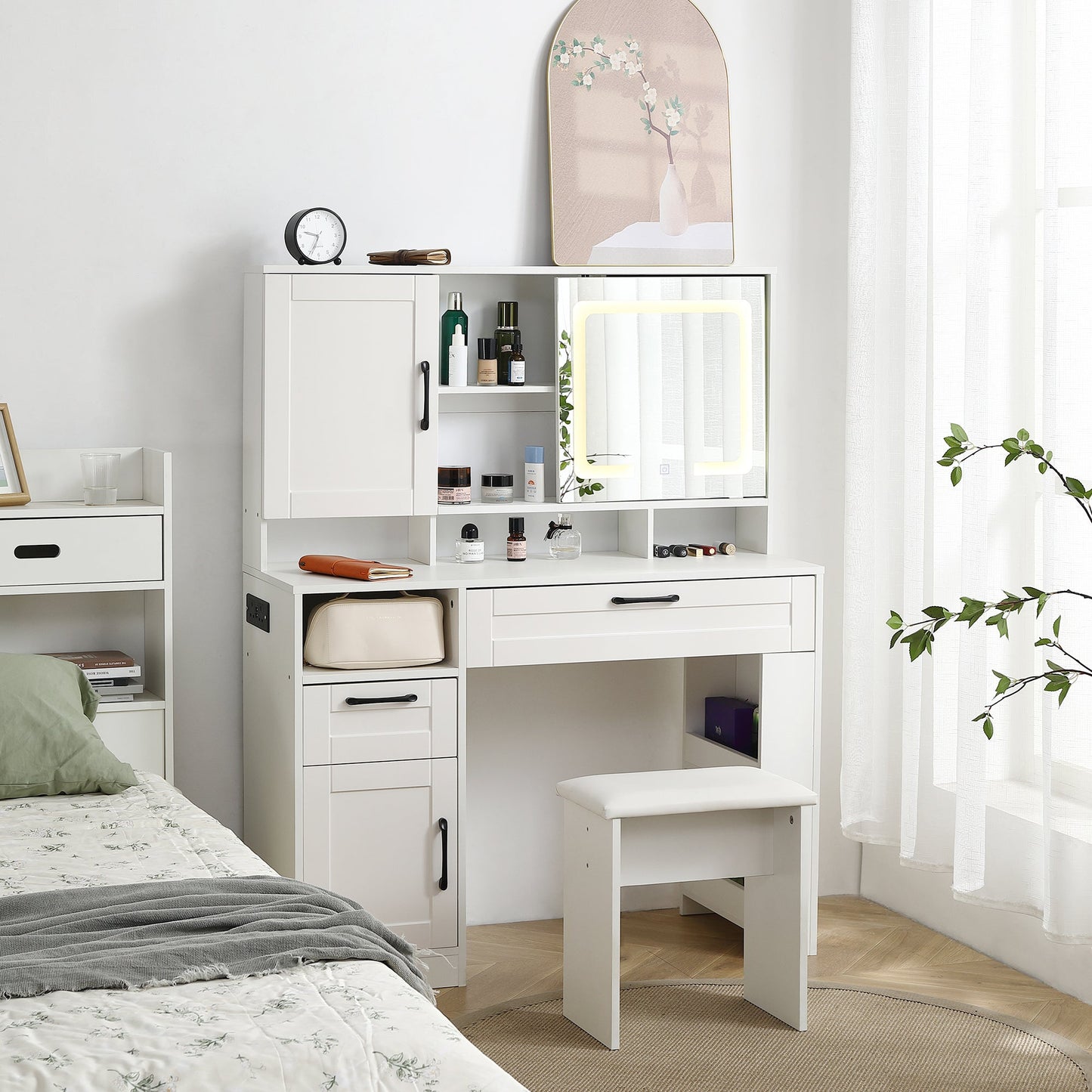 Vanity table with large sliding lighted mirror dressing table with 2 drawers storage shelves and upholstered stool white color - Korvel