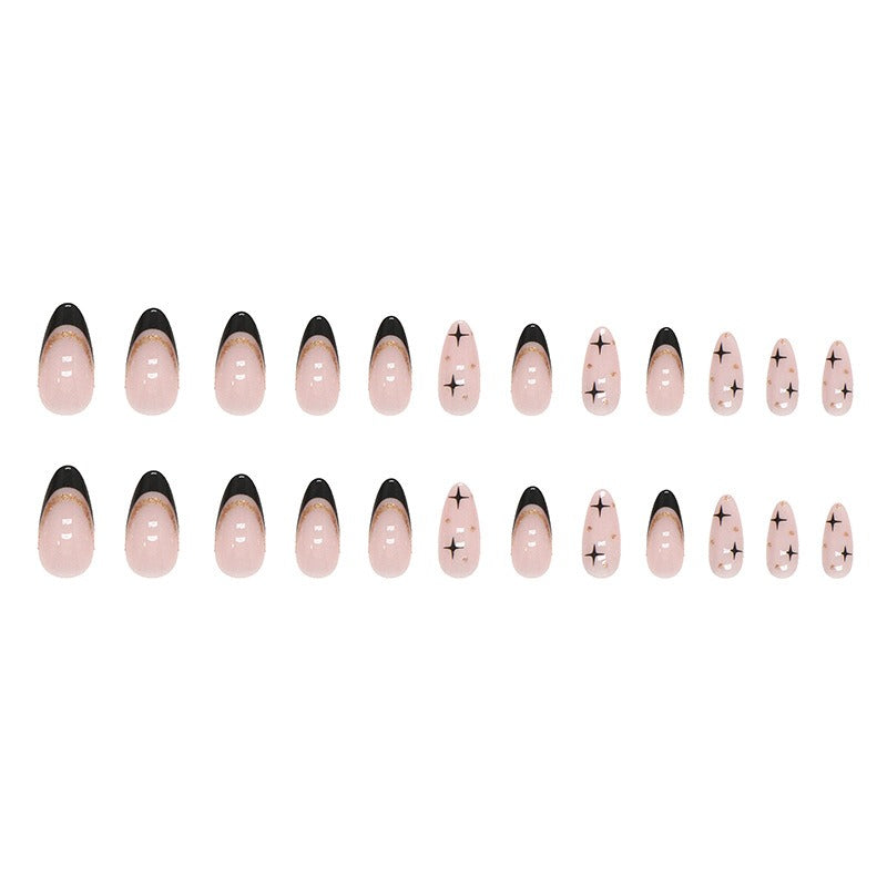 Sweet cool black French flash gold powder almond nails European and American fake nails removable nail pieces - Korvel