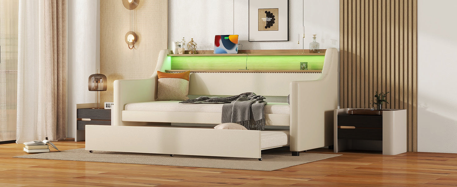 Twin Size Daybed with Trundle, Upholstered Daybed with Charging Station and LED Lights, Beige - Korvel