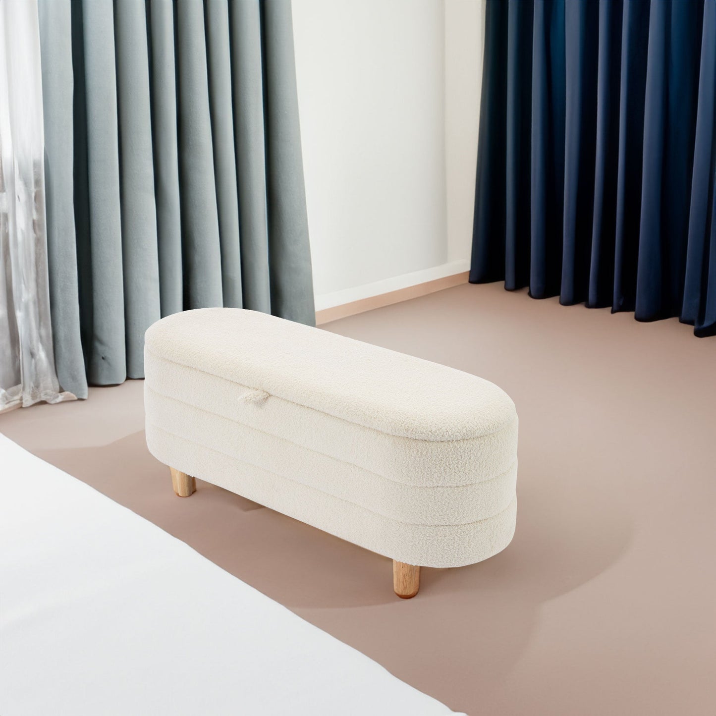 Ottoman de rangement en tissu sherpa élégant avec pieds en bois