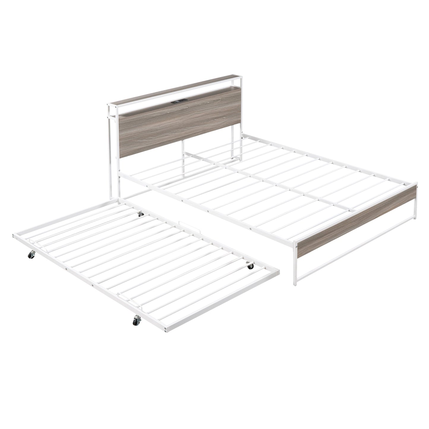 Queen Size Metal Platform Bed Frame with Trundle, USB Ports and Slat Support ,No Box Spring Needed White - Korvel