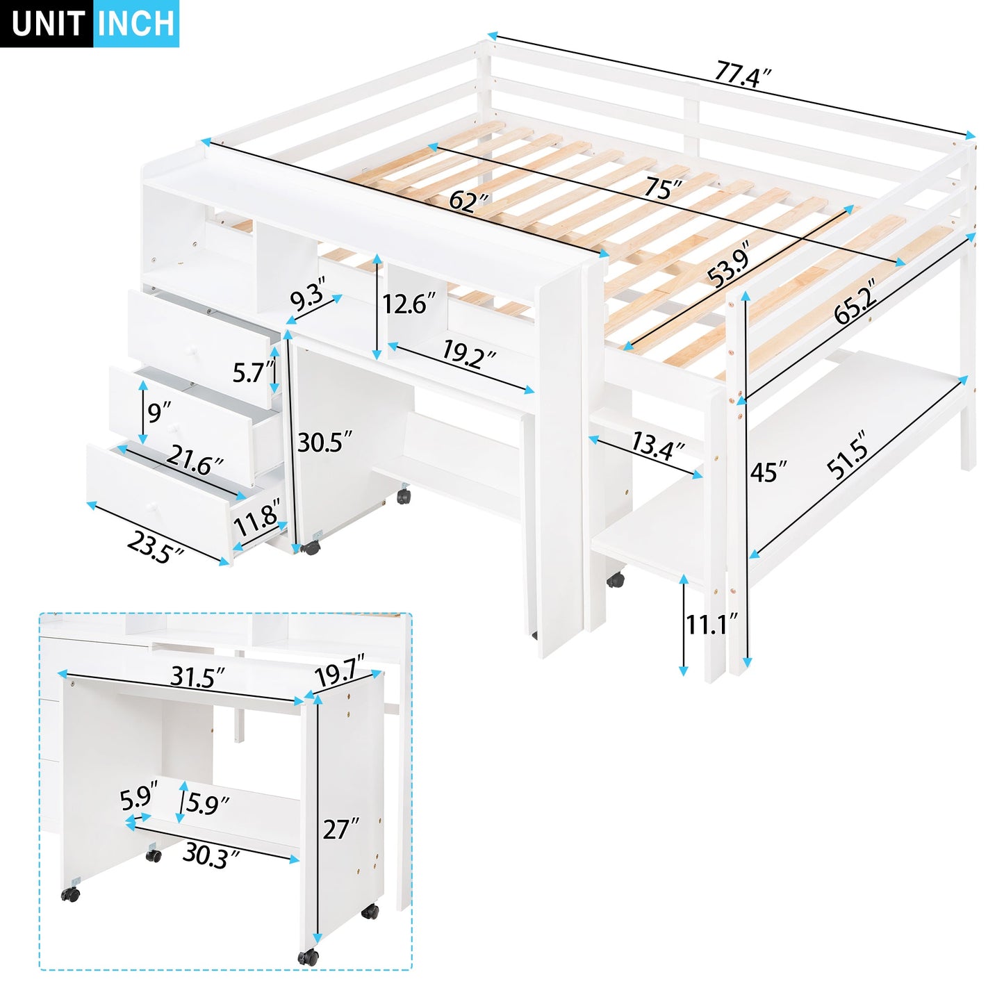 Full Size Low Loft Bed with Rolling Portable Desk, Drawers and Shelves, White - Korvel