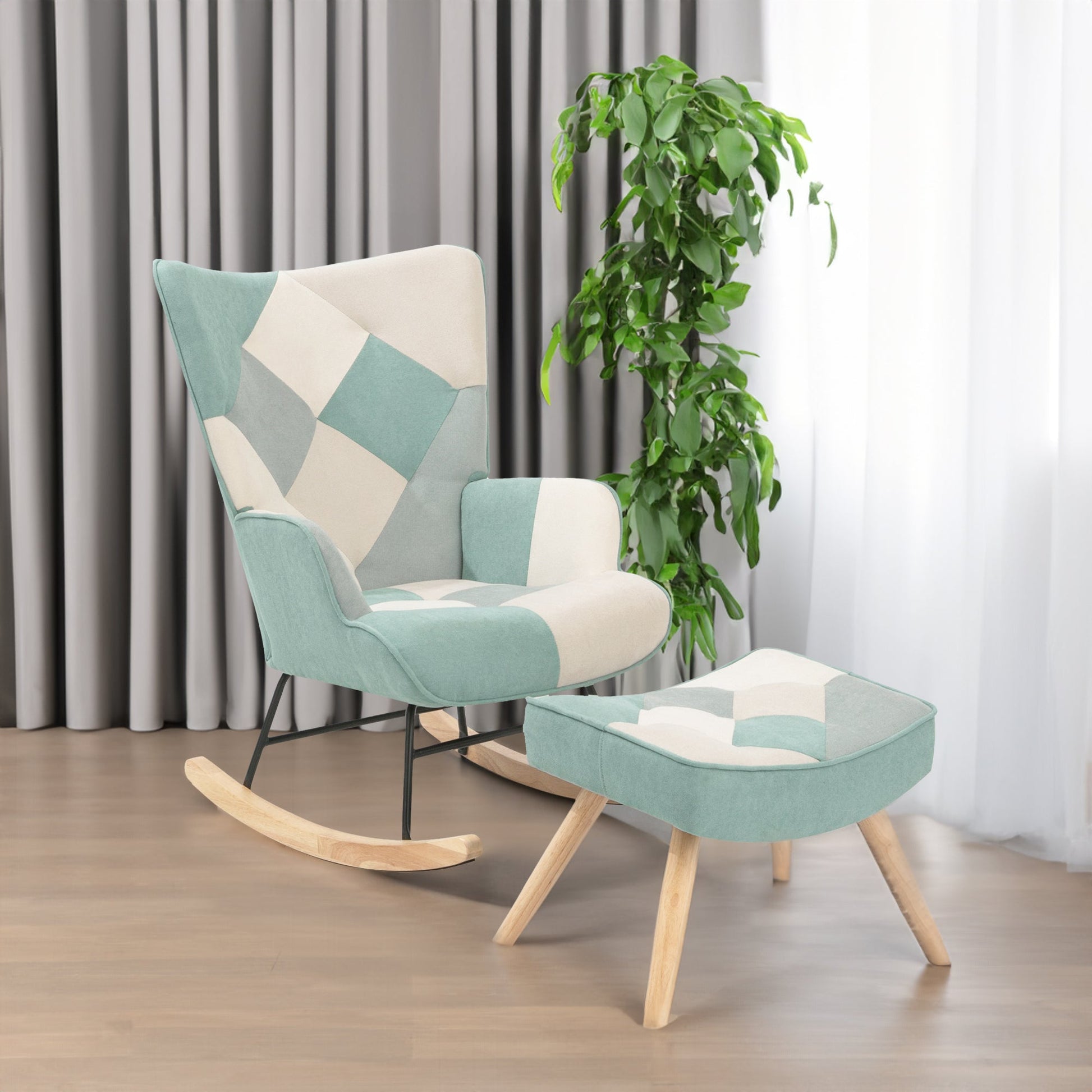 Rocking Chair with ottoman, Mid Century Fabric Rocker Chair with Wood Legs and Patchwork Linen for Livingroom Bedroom - Korvel
