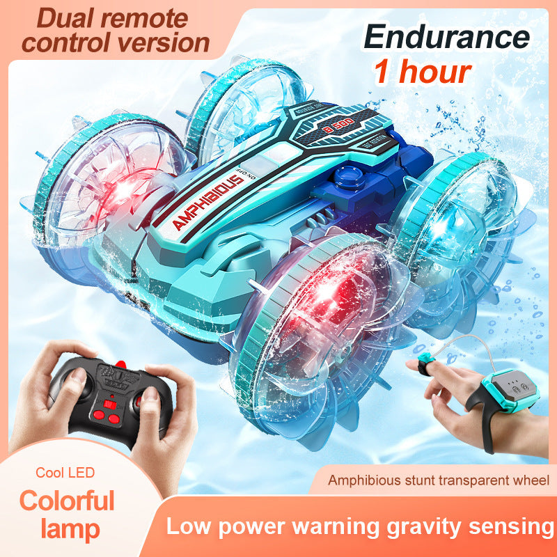 Colorful light wheel double-sided stunt amphibious remote control car watch dual control four-wheel drive power - Korvel