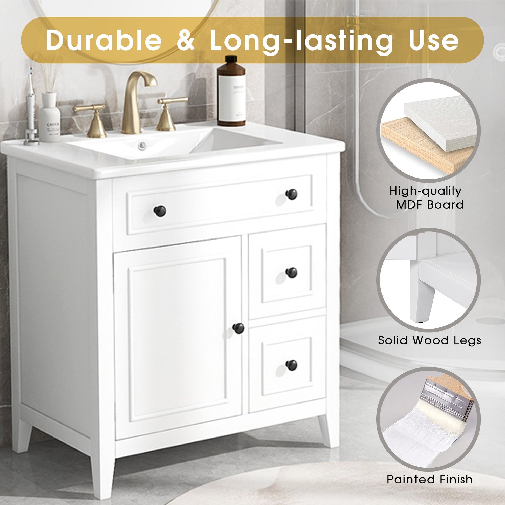 30" Bathroom Vanity with Sink Top, Bathroom Vanity Cabinet with Door and Two Drawers, Solid Wood Frame, One Package, White - Korvel