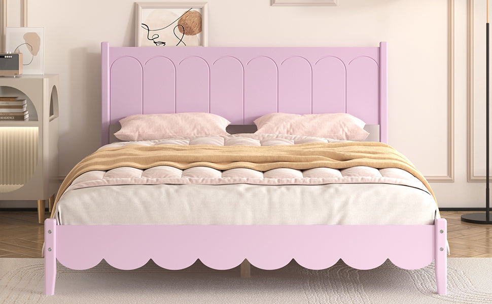 Queen Size Wood Platform Bed Frame, Retro Style Bed with Rectangular Headboard,No Need Box Spring,Pink - Korvel