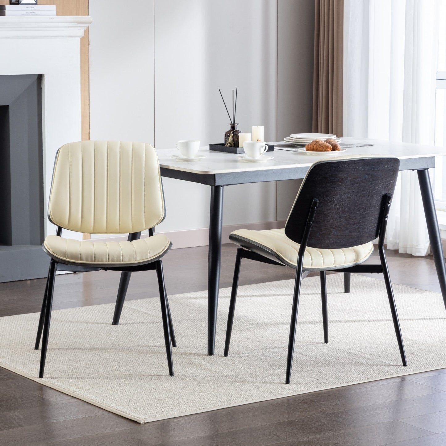 2-piece retro linen chair set with curved wooden backrest, cushioned seat, adjustable metal legs, (Beige PU) - Korvel
