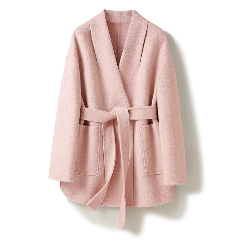 Camel-Wool V-Neck Double-Faced Belted Coat