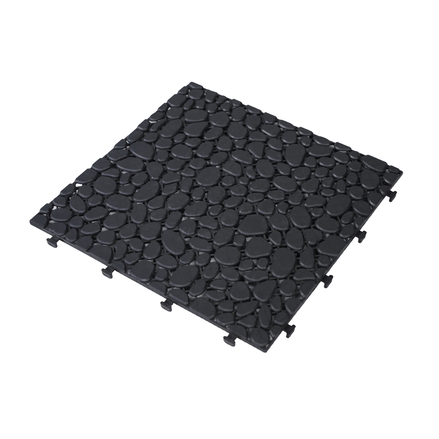 12 x 12 inch black interlocking deck tiles, plastic waterproofing, pebble pattern, pack of 12 - Korvel