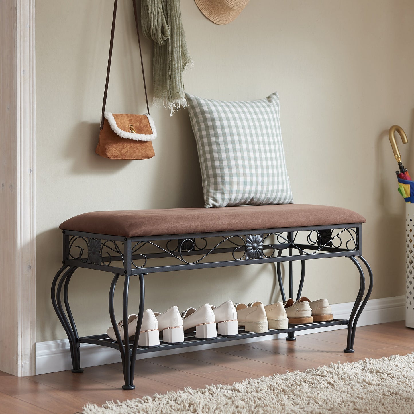 Shoe rack workbench for entrance, industrial workbench, rustic shoe rack for small spaces, padded entrance workbench - Korvel