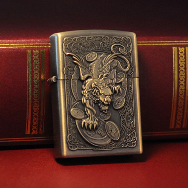 Retro Windproof Kerosene Lighter with Bronze Relief Design
