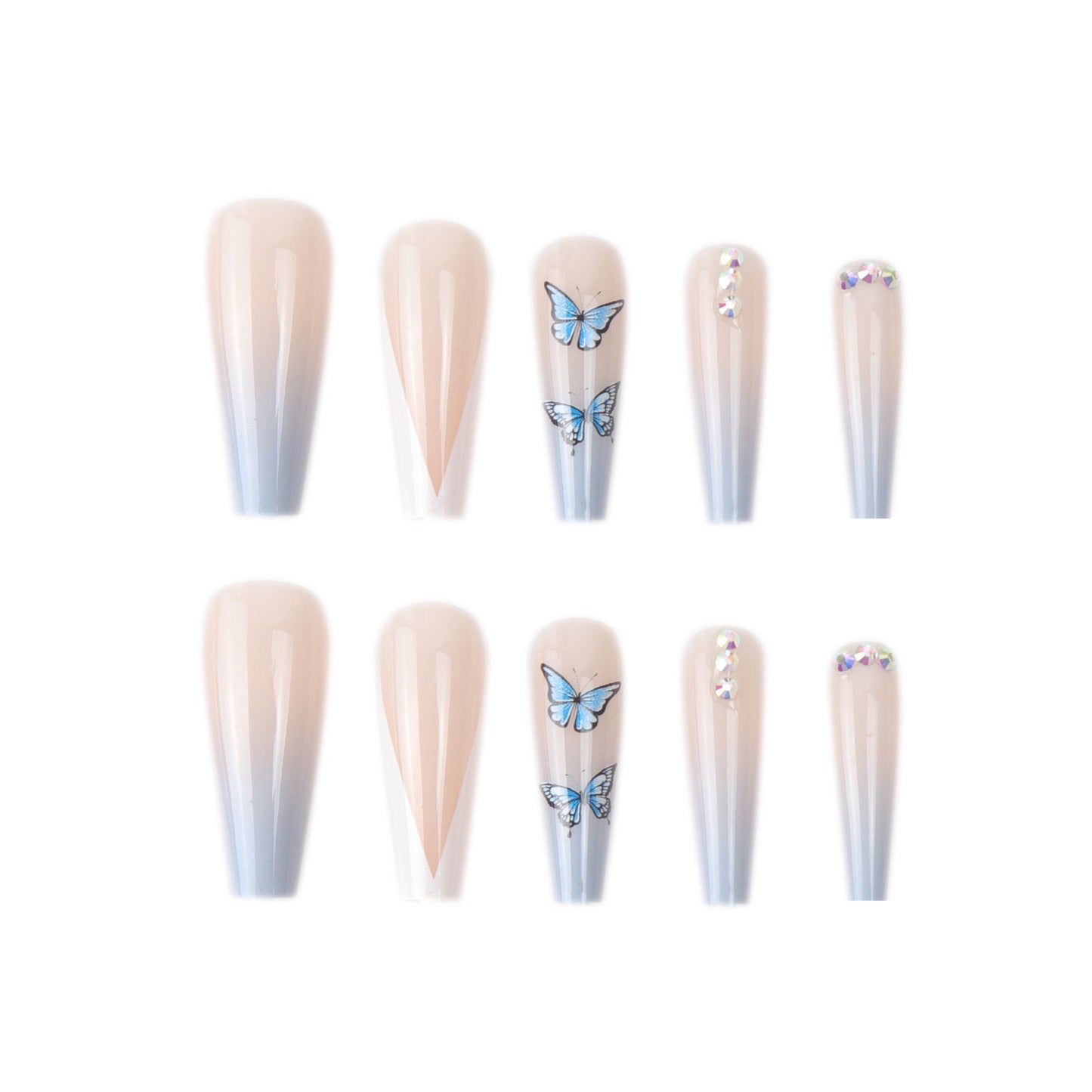 Ins Net Red With The Same Blue Butterfly Point Drill V-Shaped French Style Personality Trend Wearing Manicure Nail Patch - Korvel
