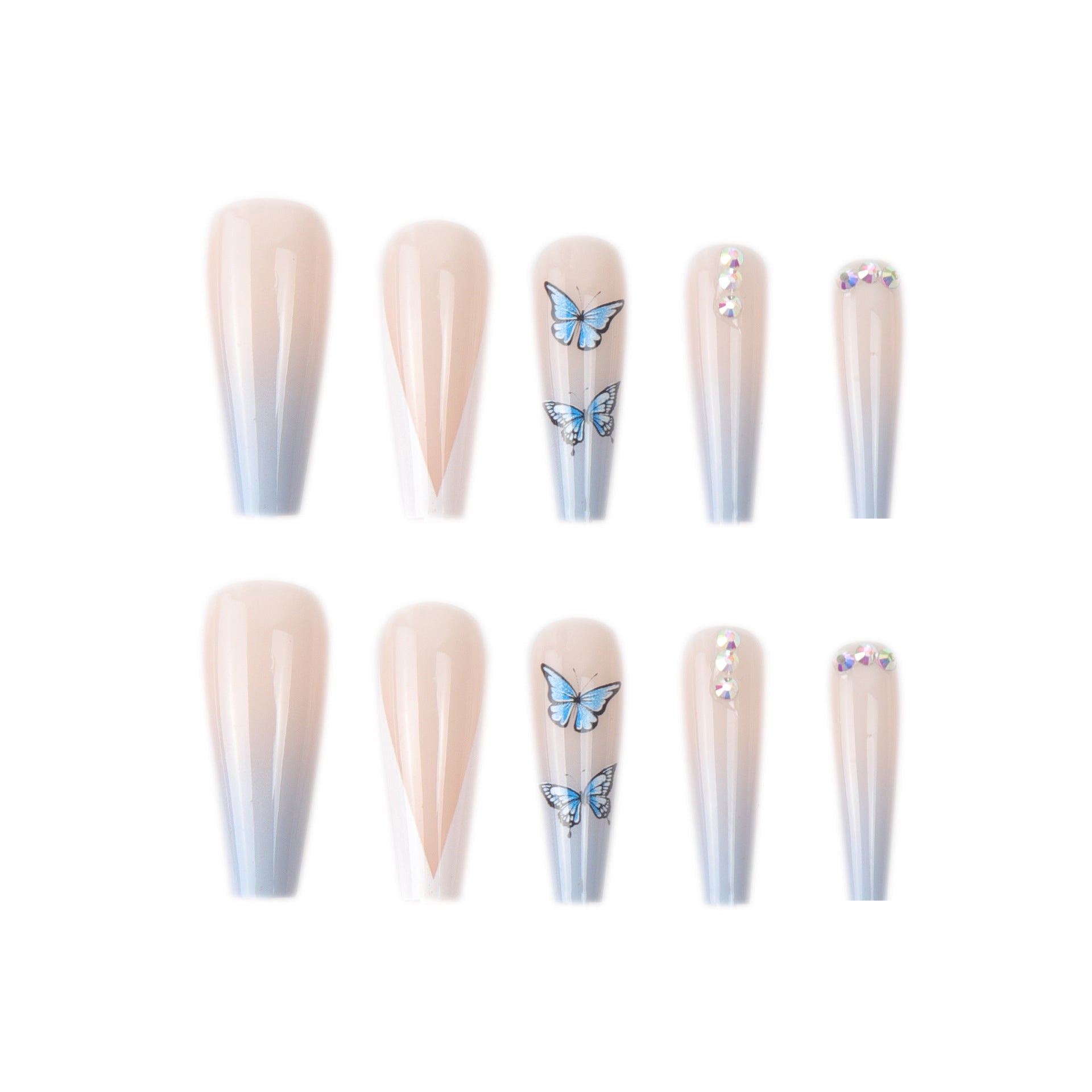 Ins Net Red With The Same Blue Butterfly Point Drill V-Shaped French Style Personality Trend Wearing Manicure Nail Patch - Korvel