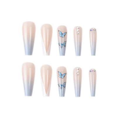 Ins Net Red With The Same Blue Butterfly Point Drill V-Shaped French Style Personality Trend Wearing Manicure Nail Patch - Korvel