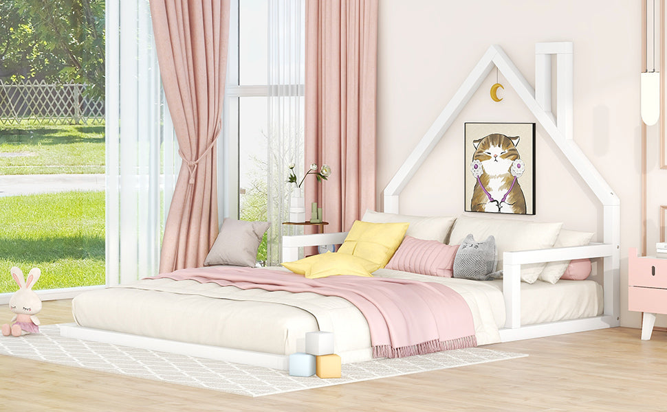 Full Size Wood Floor Bed with House-shaped Headboard  White - Korvel