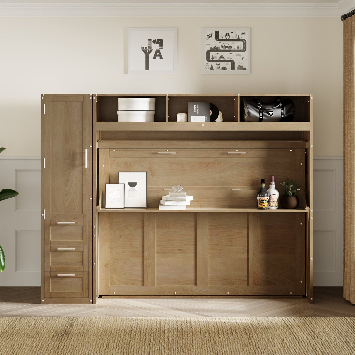 Full Size Murphy Bed with Wardrobe, Drawers and Open Shelves, Antique Grey - Korvel