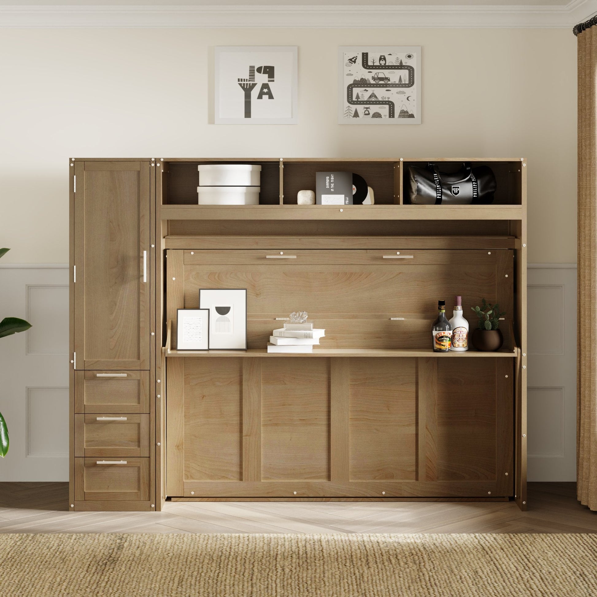 Full Size Murphy Bed with Wardrobe, Drawers and Open Shelves, Antique Grey - Korvel