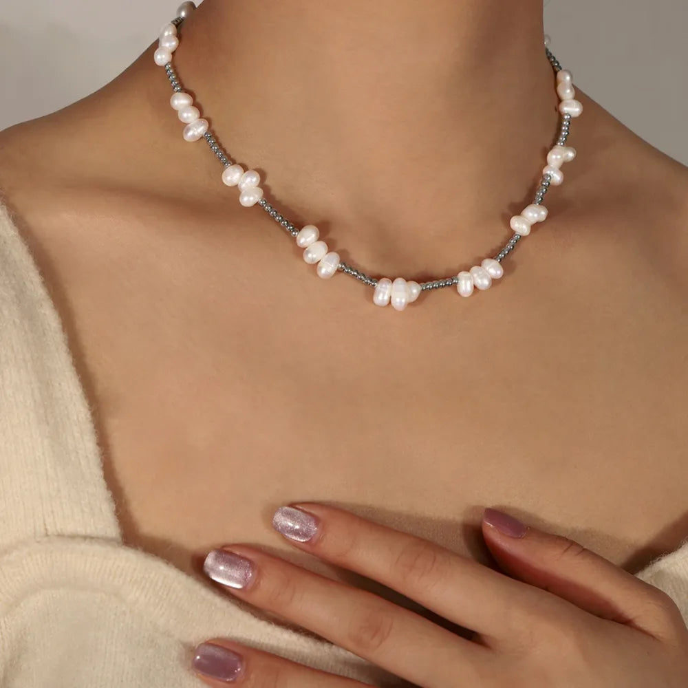 Freshwater Pearl Titanium Steel Bead Necklace - Korvel