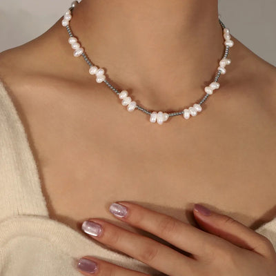 Freshwater Pearl Titanium Steel Bead Necklace - Korvel