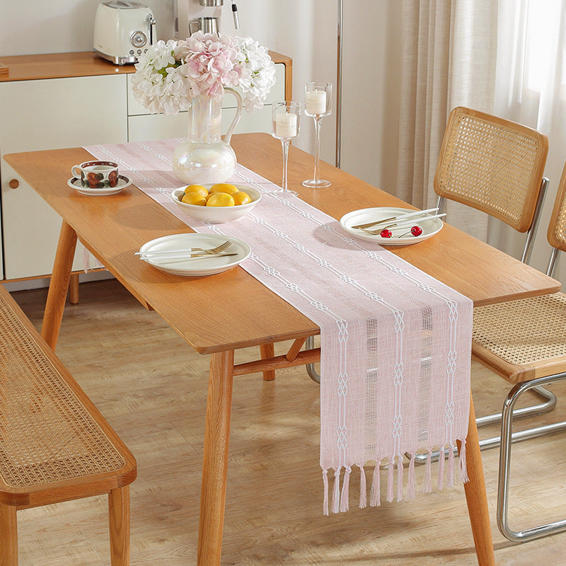 Hand - woven cotton and linen table flag with hollow tassels, suitable for household and rural dining tables - Korvel