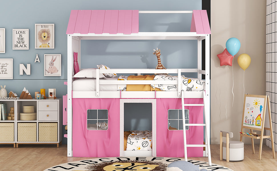 Elegant Twin Size Bunk Wood House Bed in Pink and White