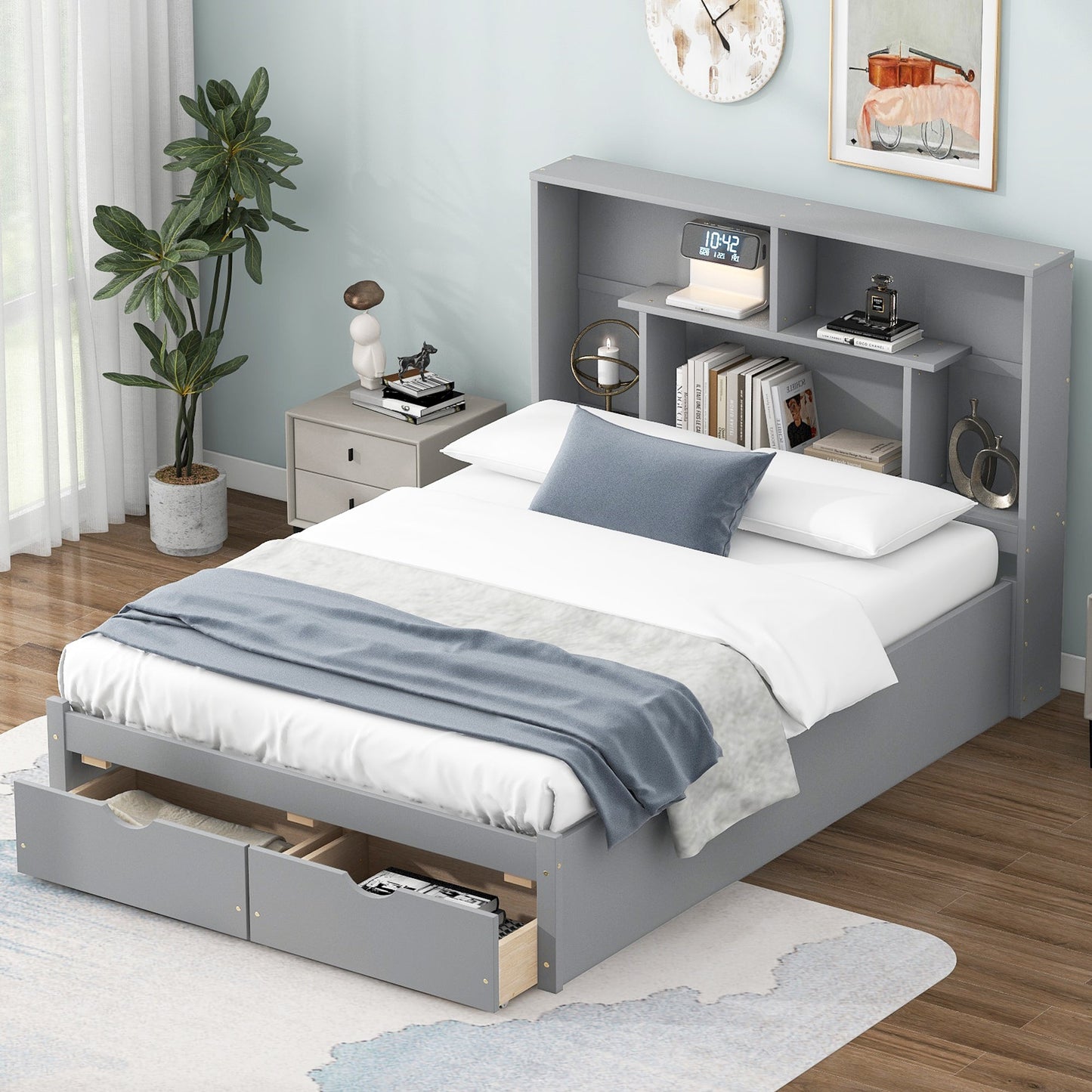 Full Size Platform Bed with Storage Headboard and 2 Drawers, Gray - Korvel