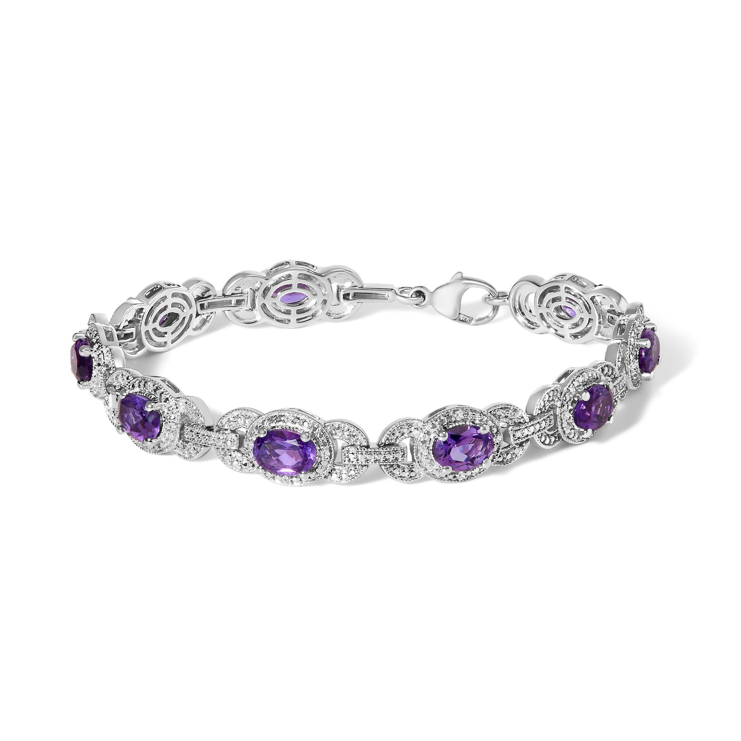 Sterling Silver Oval Purple Amethyst and Diamond Bracelet