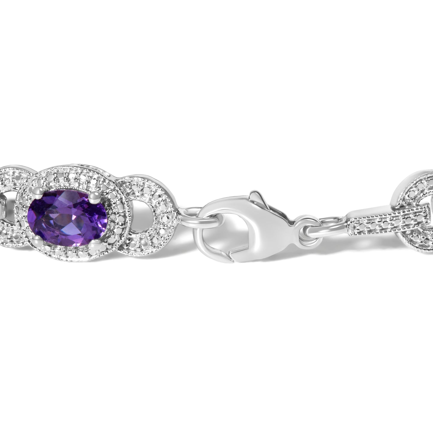 Sterling Silver Oval Purple Amethyst and Diamond Bracelet