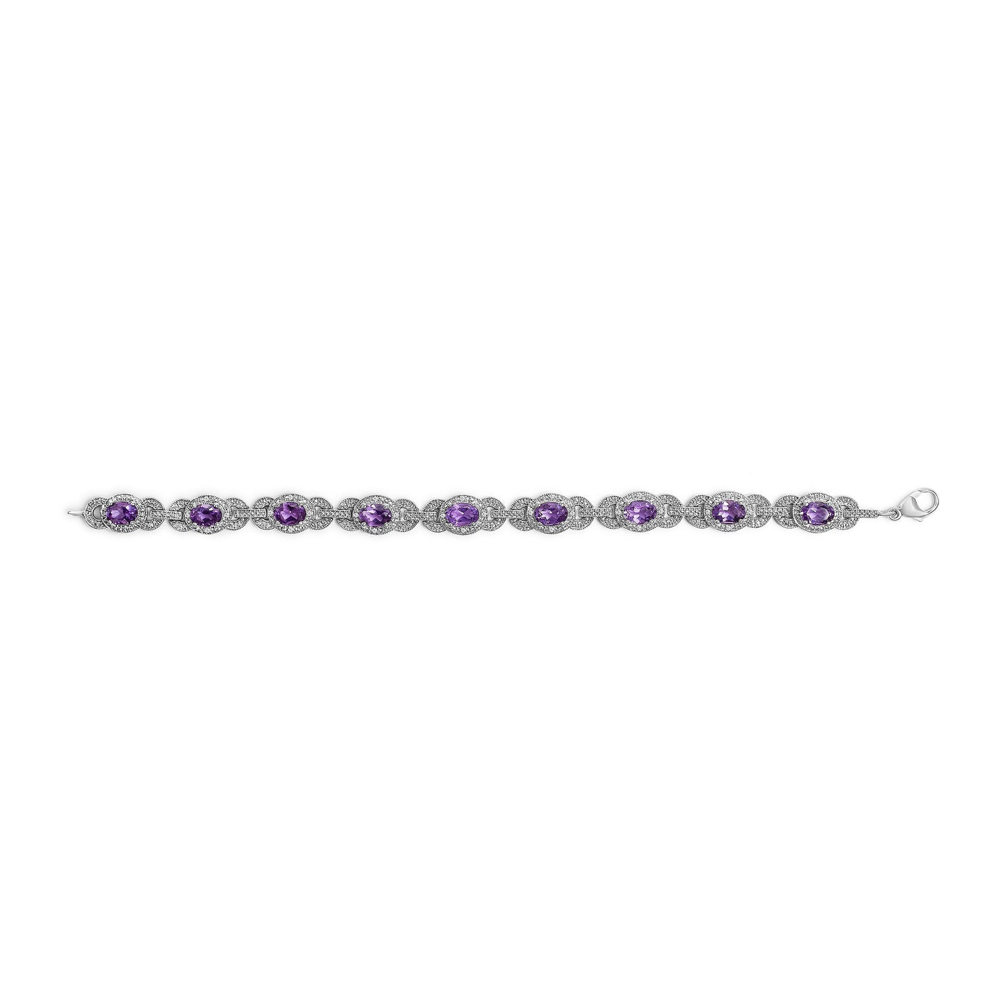 Sterling Silver Oval Purple Amethyst and Diamond Bracelet