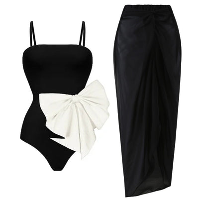 Elegant Black and White One-Piece Swimsuit with Bow Detail