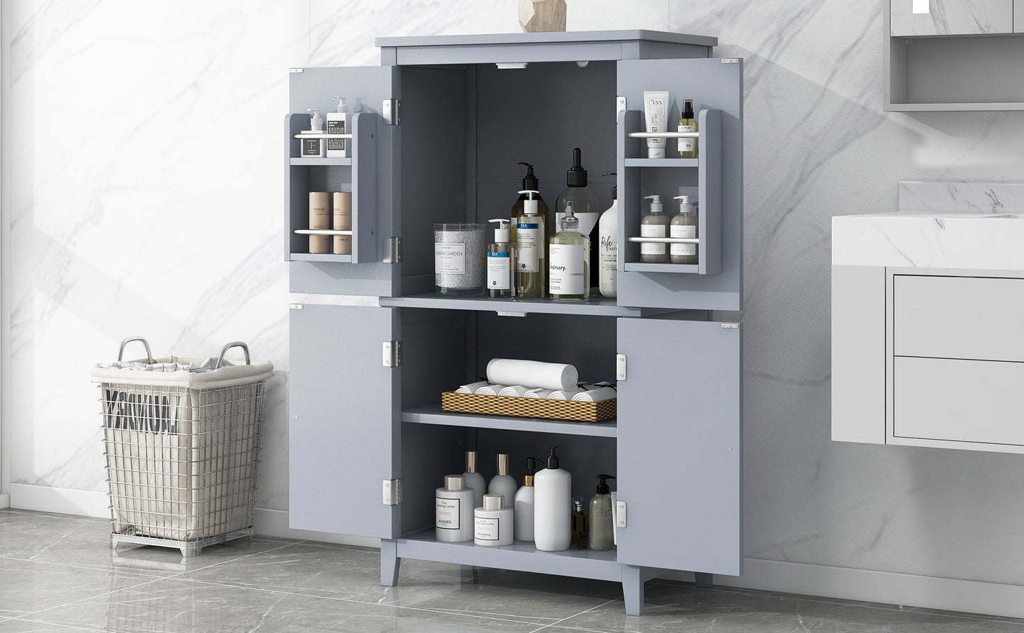 Bathroom floor storage cabinet, bathroom storage cabinet, 4-door independent cabinet, adjustable shelf, adaptive shelf, gray - Korvel