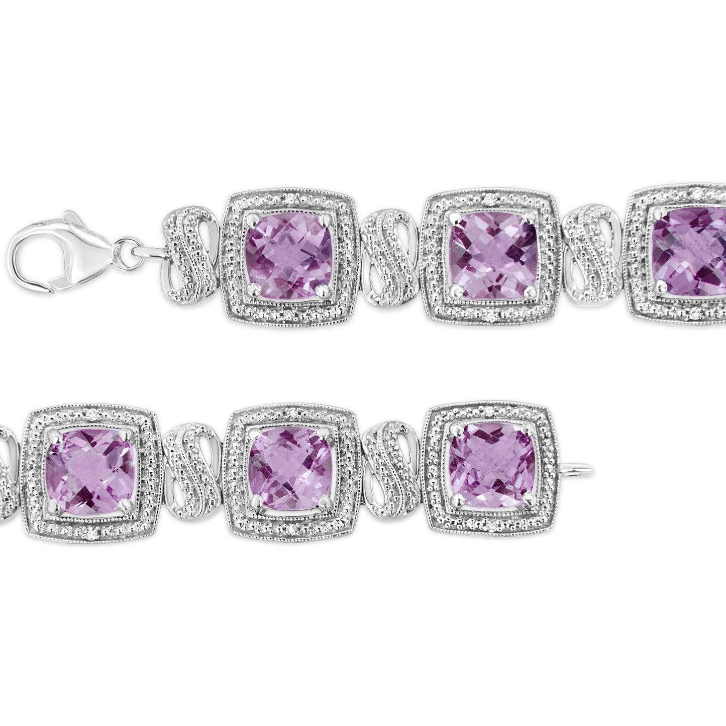 Bracelet de tennis en argent sterling .925 avec améthyste taillée en coussin et diamants - 7"