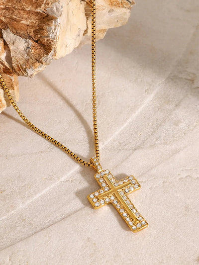 18K Gold-Plated Inlaid Zircon Cross Necklace - Korvel