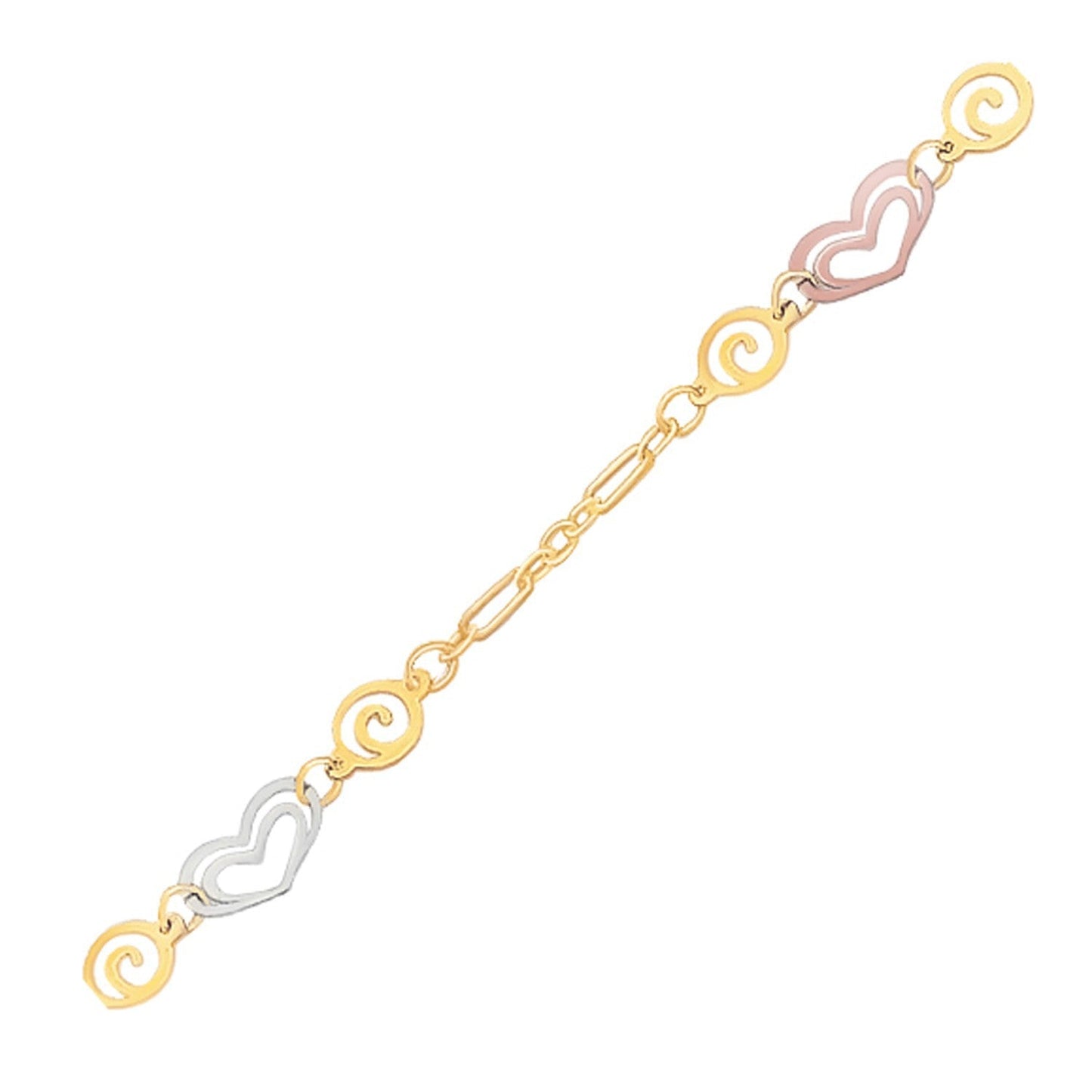 14k Tri-Color Gold Anklet with Heart Stations