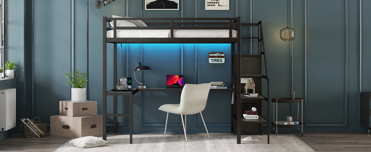Full Size Loft Bed with L-shaped Desk and USB - Black