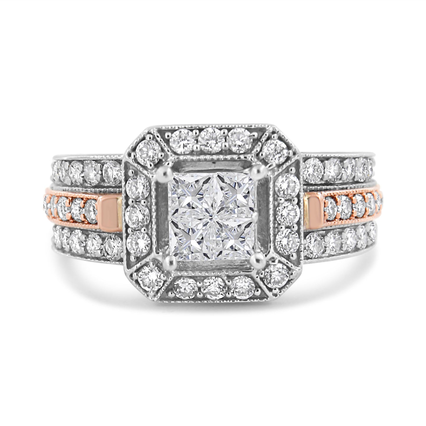 Anillo Halo Art Deco Triple Banda de Diamantes en Oro Blanco y Rosa de 14K - Talla 7