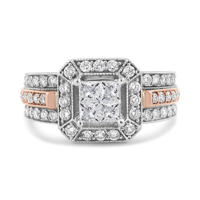 Bague Halo Art Déco en Diamant en Or Blanc et Rose 14K - Taille 7
