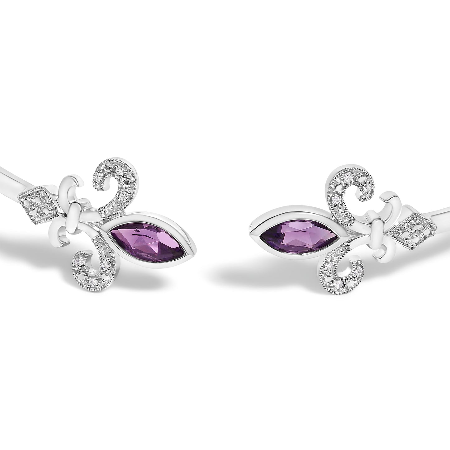 Bracelet jonc en argent sterling .925 avec améthystes marquises et diamants Fleur De Lis