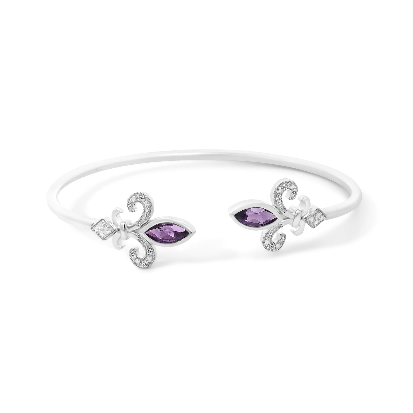 Bracelet jonc en argent sterling .925 avec améthystes marquises et diamants Fleur De Lis