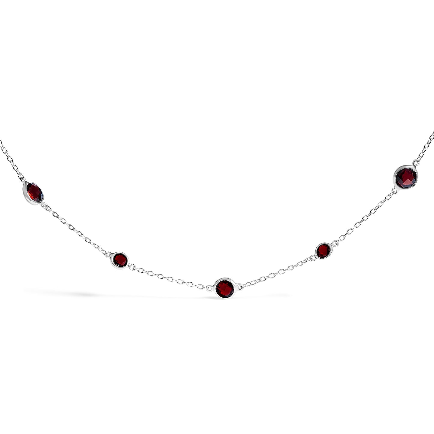 .925 Sterling Silver Checkerboard Cut Red Garnet Necklace - 22"