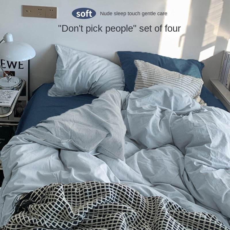Solid Color Simple Four-Piece Set Flannel Quilt Cover INS Style Quilt Cover Dormitory Summer Washed Cotton Bedding Three-Piece Set - Korvel