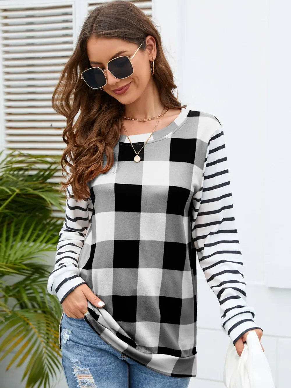 Plaid Striped Round Neck Long Sleeve T-Shirt - Korvel