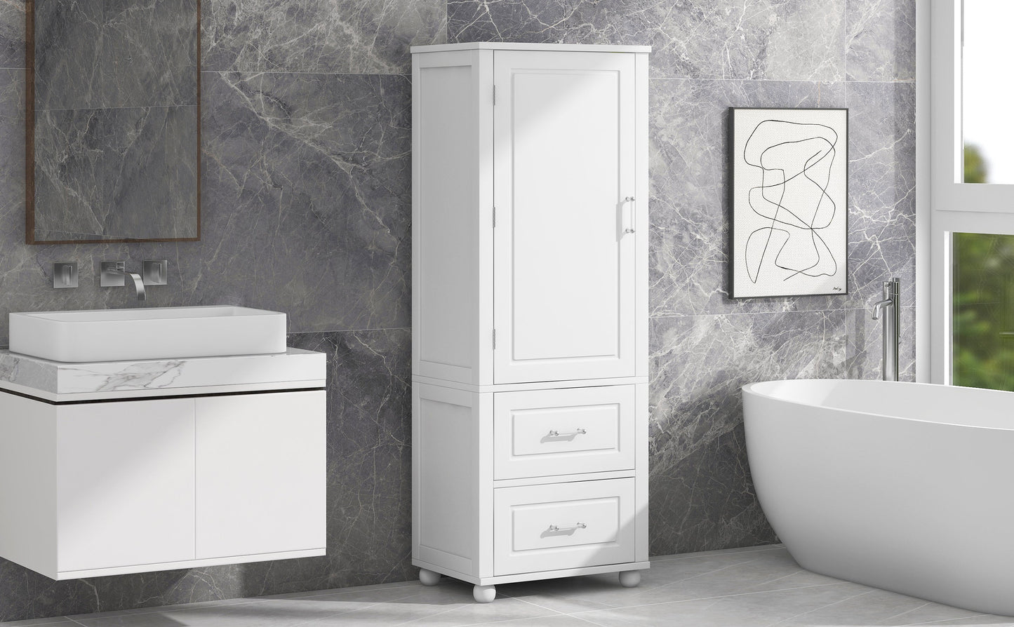 Tall bathroom storage cabinet with two drawers and adjustable shelves for independent storage - Korvel