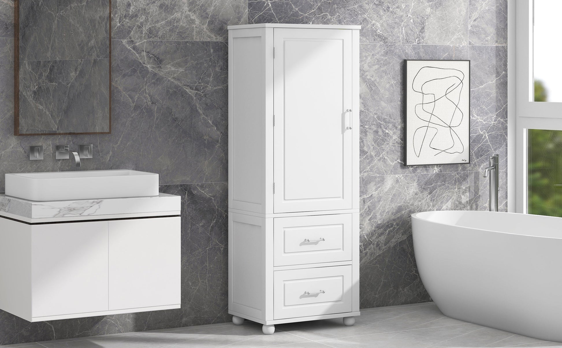 Tall bathroom storage cabinet with two drawers and adjustable shelves for independent storage - Korvel