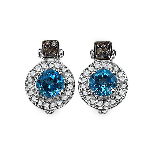 Boucles d'oreilles en argent sterling avec topaze bleue suisse et diamants de 1,20 carat