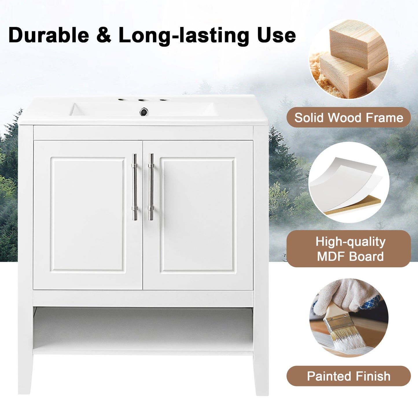 30" Bathroom Vanity with Sink  Multi-functional Bathroom Cabinet with Doors and Drawers Solid Frame and MDF Board, White - Korvel