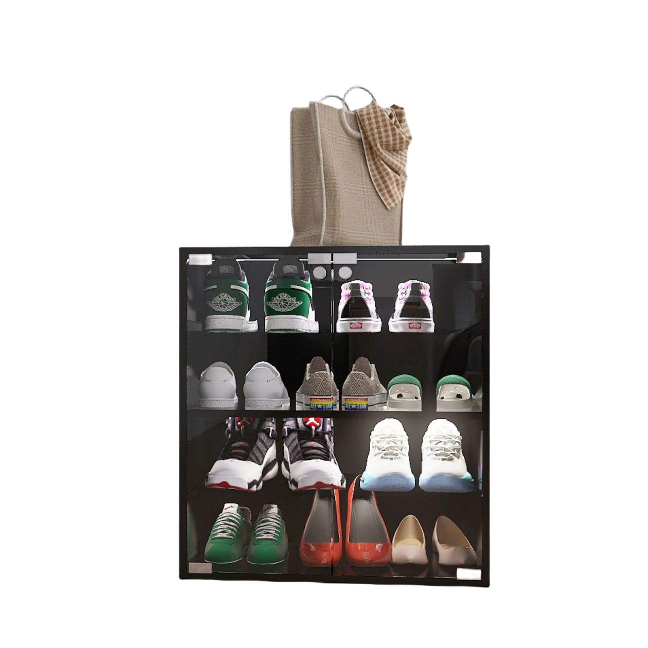 4 Layers Black Shoe Cabinet with Glass Door and Glass Layer Shoes Display Cabinet with LED light Bluetooth Control - Korvel