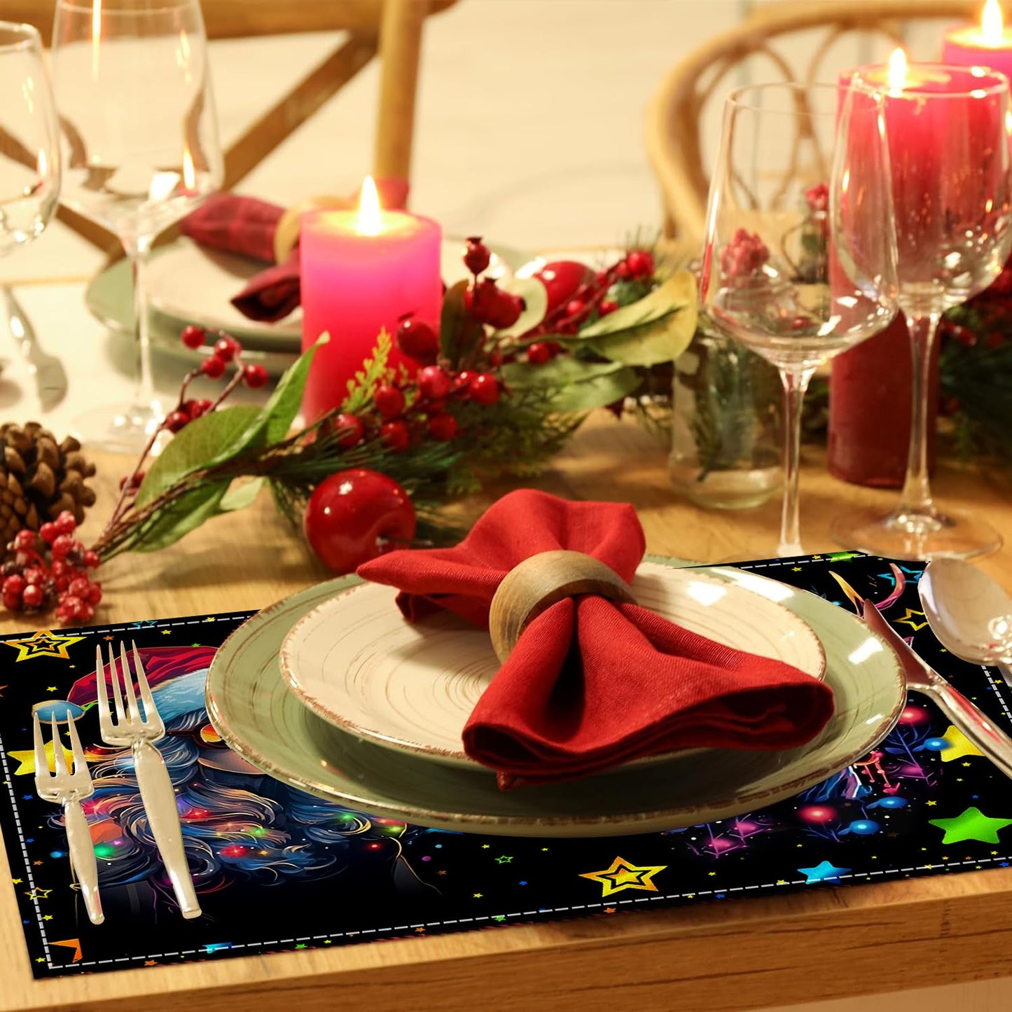 Christmas table mat with white linen starry sky and Santa Claus print - Korvel
